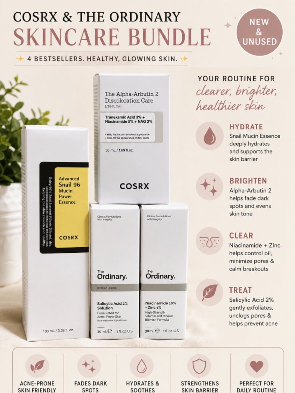 The Ordinary & COSRX Skincare Bundle Niacinamide Salicylic Acid Snail Mucin